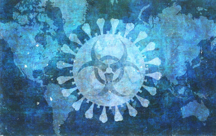 Coronavirus with world map and biohazard symbol