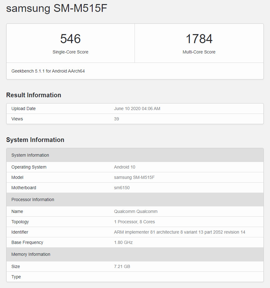 Galaxy M51 Modeli, Snapdragon 675 İle Geekbench'te Listelendi